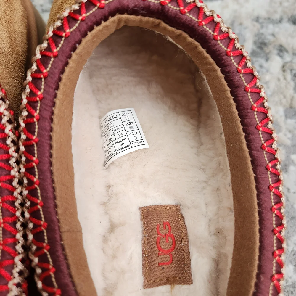 UGG Brown Suede Slippers with Red Stitching - Picture 4 of 8